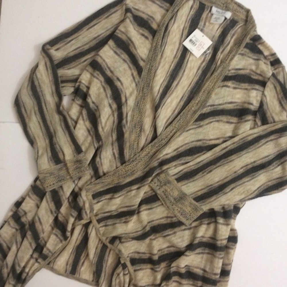 Kate Hill NWT Khaki Stripe Light Linen-blend Open Cardigan Cover-up 2X